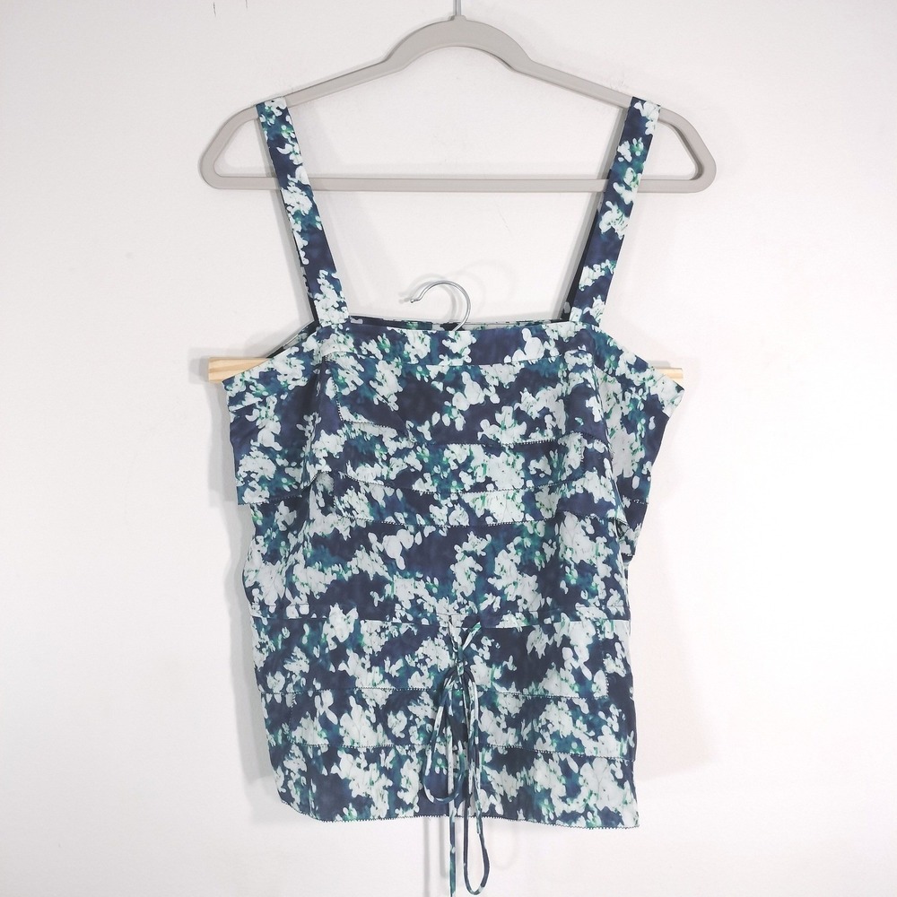 Doo.Ri Blue Floral Silk Camisole; Tiered Ruffle, Drawstring Waist, 100% Silk